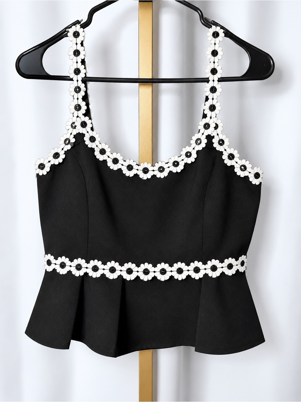 Black Floral-Trim Peplum Camisole